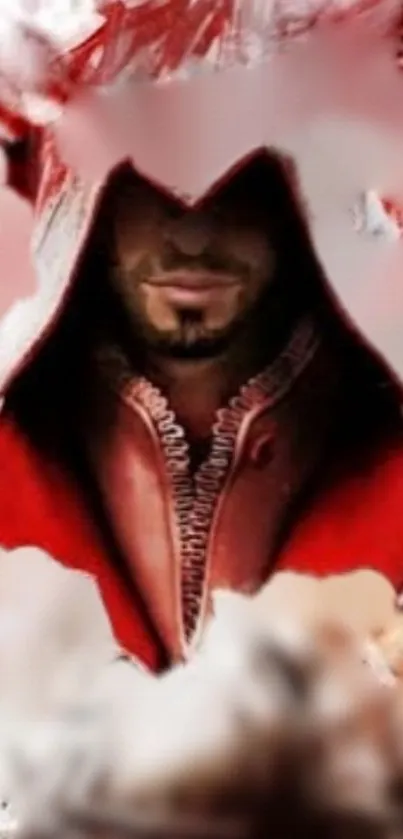 Hooded figure in red cloak with a mysterious expression.