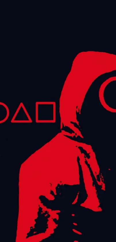 Red hooded figure with geometric shapes on black background.