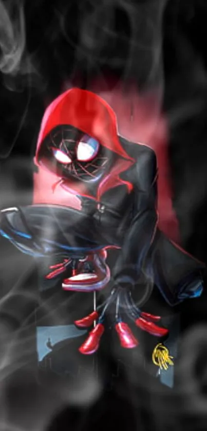 Red-hooded hero crouched in smoke with a dark background.