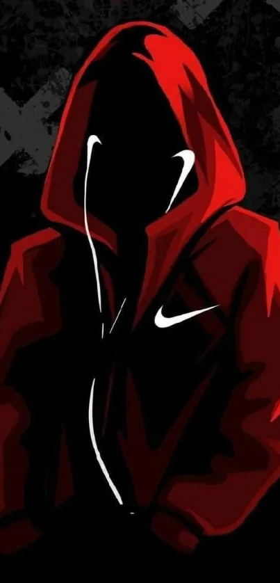 Red hooded silhouette with a dark background art.