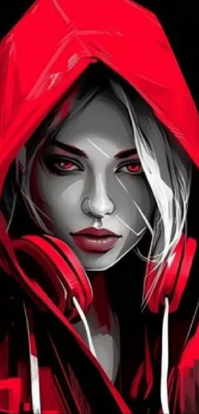 Woman in red hoodie with headphones, urban style art.