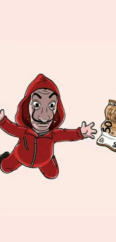 Cartoon character in red hoodie reaching for money.