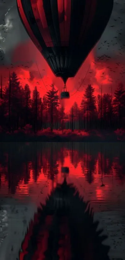 Red hot air balloon over forest and lake at dusk.