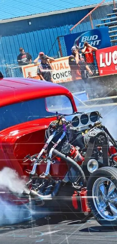 Red dragster with smoke at racecourse, action-packed scene.