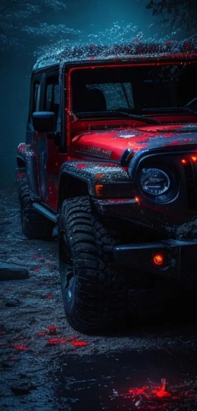 Red Jeep off-road adventure in dimly lit forest.