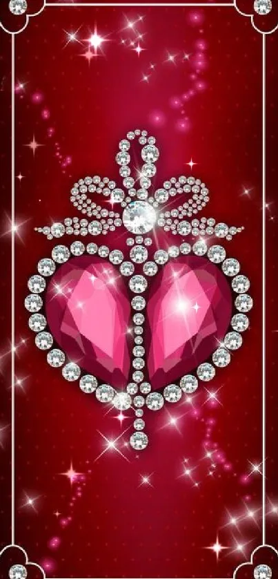 Elegant red heart with jewel details on a mobile wallpaper.