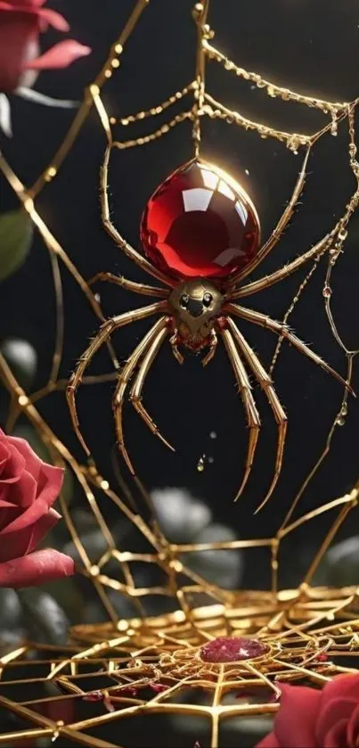 Golden spider web with red jewel spider and roses.