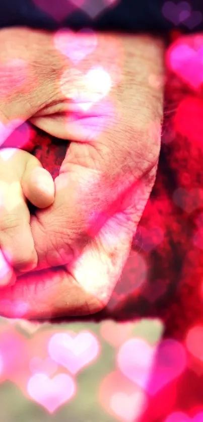 Close-up of hands holding against a red knit background, symbolizing family love.