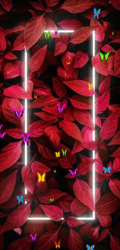 Red leaves with neon frame mobile wallpaper.