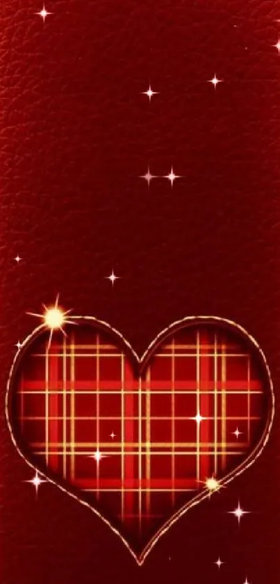 Stylish red leather wallpaper with plaid heart design.