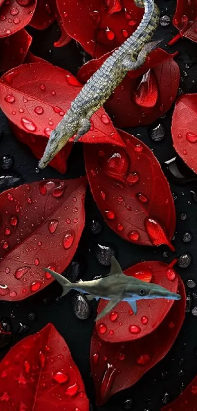 Crocodile and shark among red leaves mobile wallpaper.