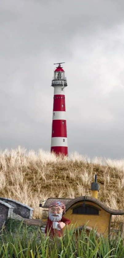 Mobile wallpaper of a red lighthouse in a serene landscape with grass and cloudy sky.