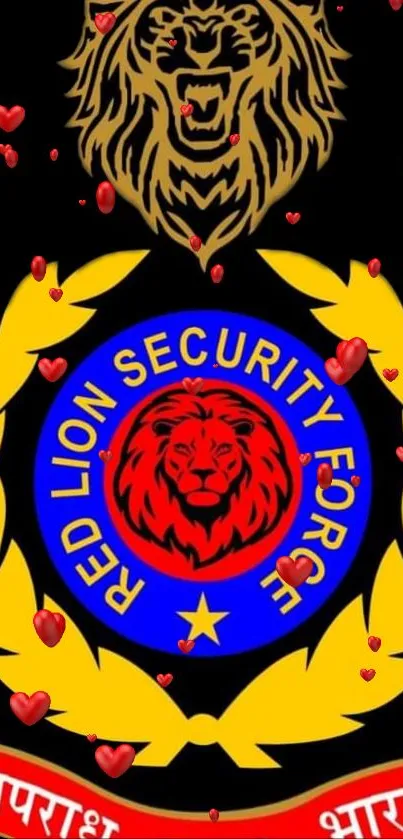 Red Lion Security emblem with hearts and bold colors in wallpaper format.