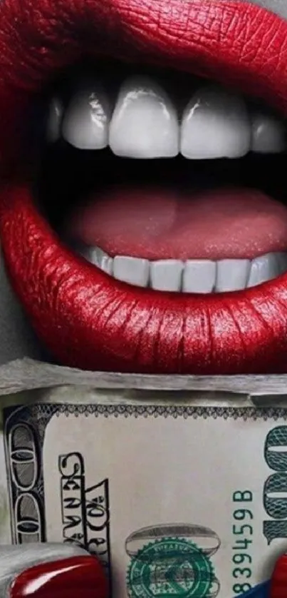 Red lips with dollar bill mobile wallpaper.