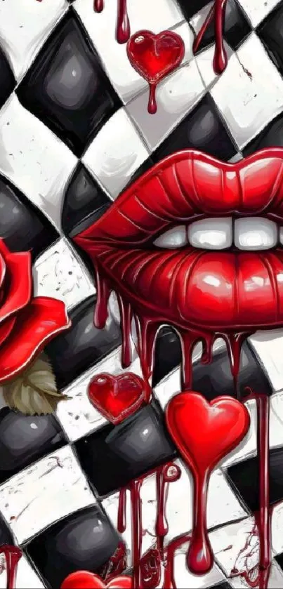 Red lips and roses on checkered background