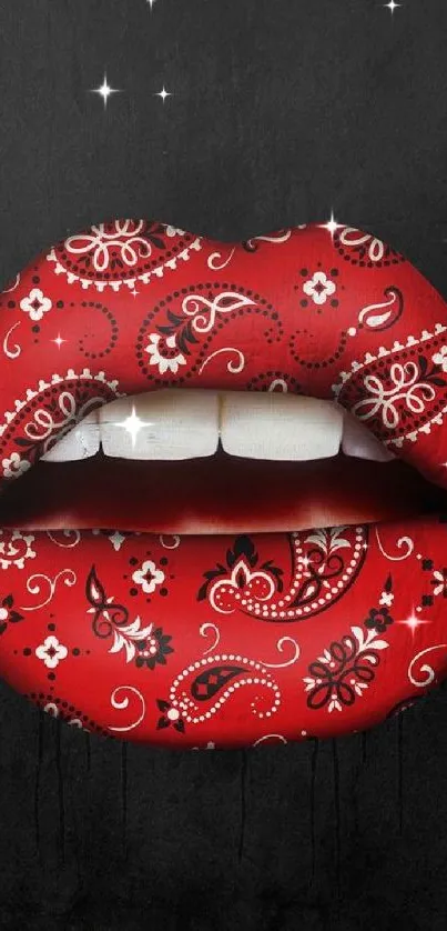 Artistic red lips with paisley design on a dark background wallpaper.