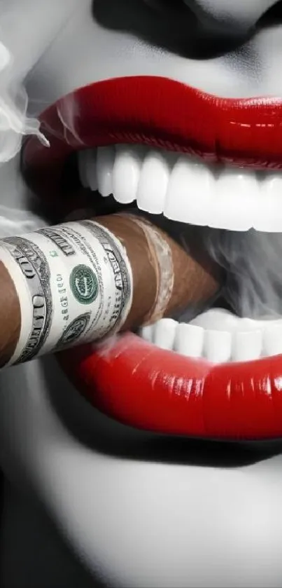 Red lips gripping a dollar-wrapped cigar with smoke.
