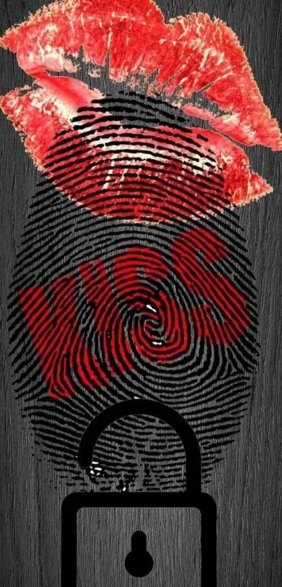 Red lips with fingerprint and lock on black background.