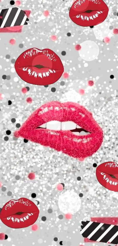 Mobile wallpaper with red lips and silver glitter accents.