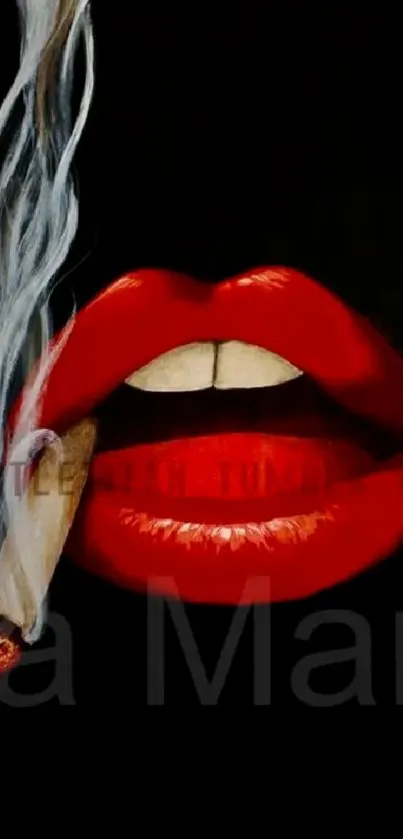 Red lips with cigarette on dark background