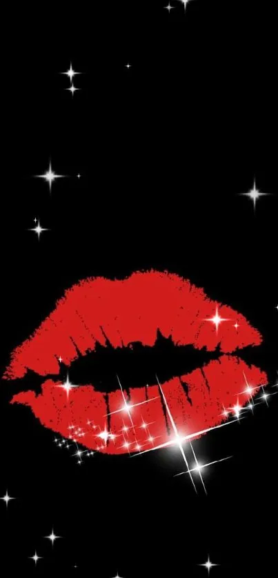 Bold red lips with sparkles on black background.