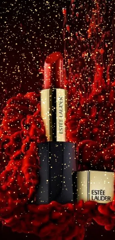 Artistic red lipstick explosion with elegant design.