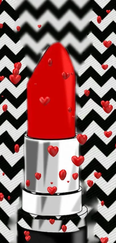 Red lipstick and hearts on zigzag wallpaper design.