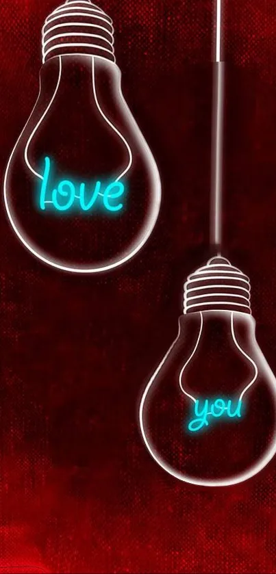 Love-themed bulb design on red background wallpaper.