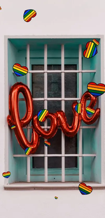 Red neon 'love' sign in a window frame.