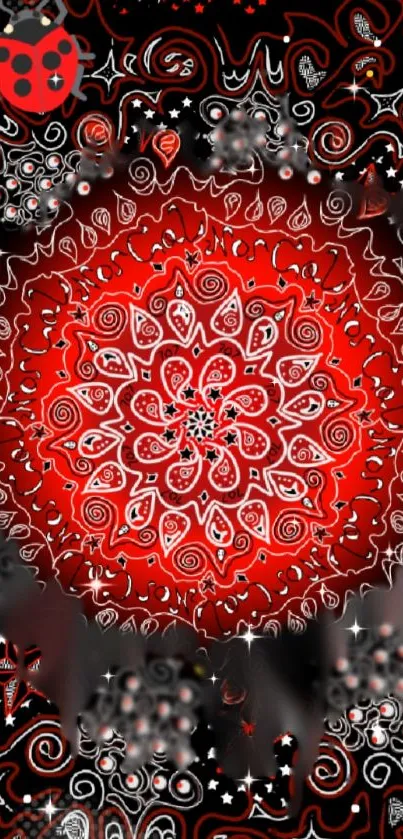 Red mandala art wallpaper with intricate patterns and vibrant contrasts.