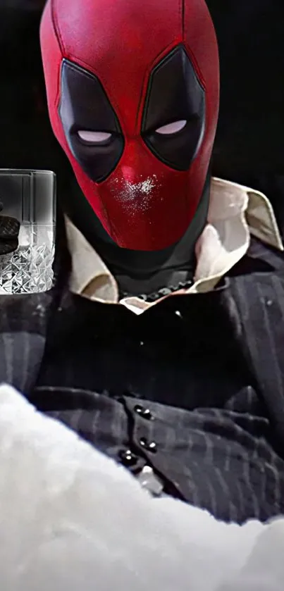 Mobile wallpaper of red masked character in suit holding a glass.