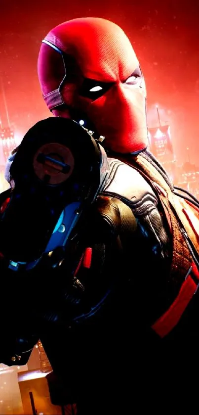 Red masked hero points a futuristic weapon in a cityscape.