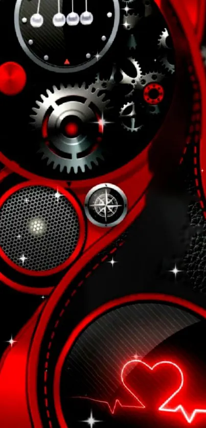 Bold red mechanical wallpaper with gears and glowing heart.