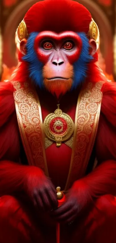 Regal red monkey with blue features in elegant attire.