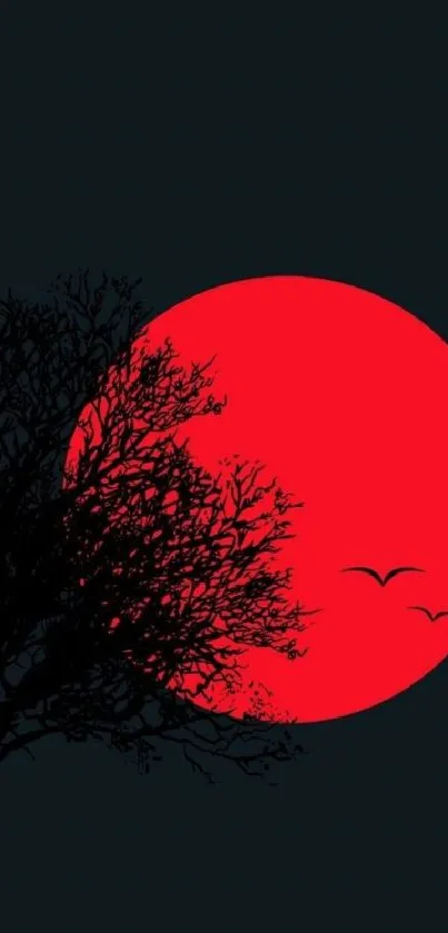 Red moon with bird silhouettes in a dark tree scene.