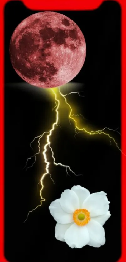 Red moon and white flower with lightning on phone wallpaper.