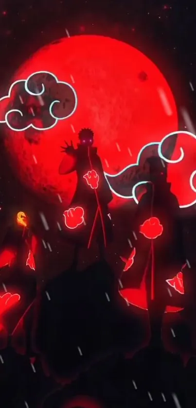 Anime characters silhouetted against a red moon with glowing clouds.