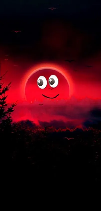 Cartoon moon with eyes on a red night sky background.