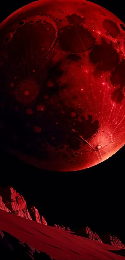 Red moon over alien landscape wallpaper.