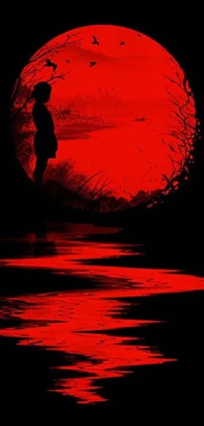 Mobile wallpaper of red moon and silhouette reflection.