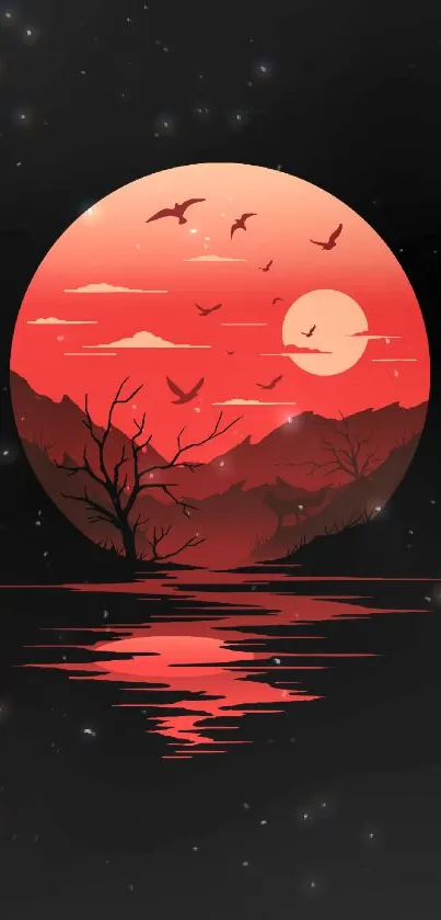 Red moon shining over lake with mountain silhouette.