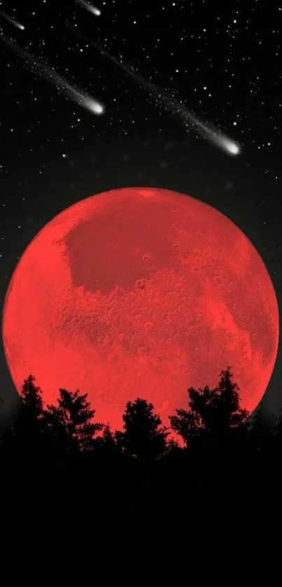 Stunning red moon with stars and silhouettes on a night sky wallpaper.