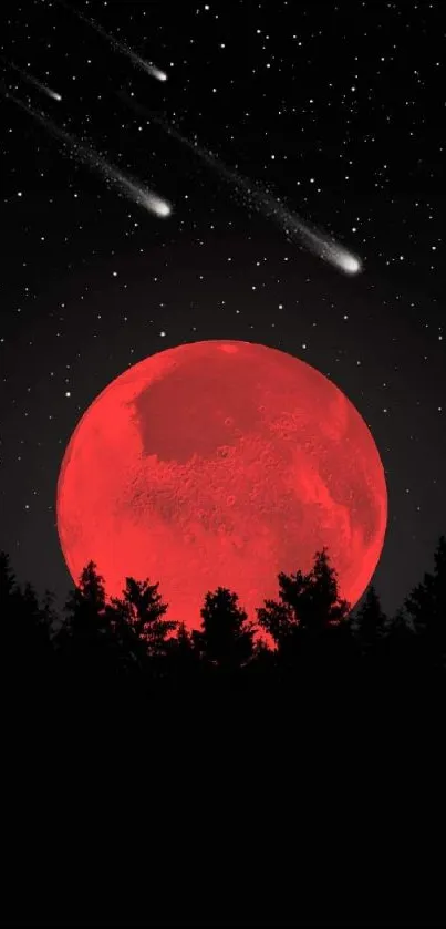 A vibrant red moon with stars over a dark forest night sky.