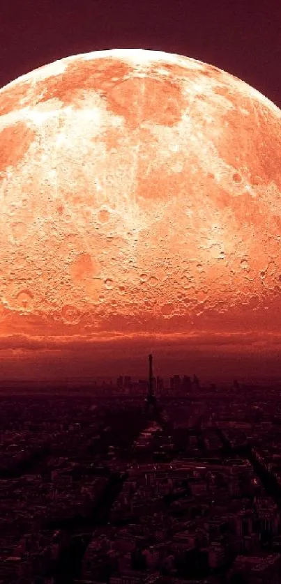 Moon rising over a cityscape in deep red hues.