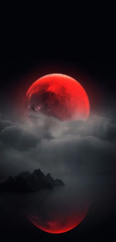 A vibrant red moon above a dark, mystical landscape with clouds and water reflection.