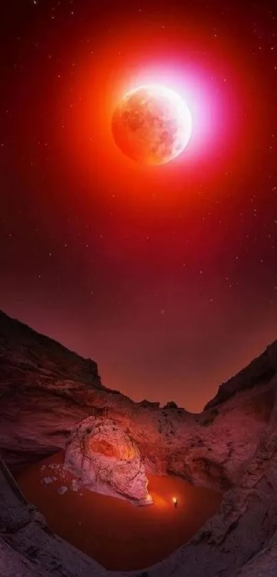 Red moon and starry night over desert landscape wallpaper.