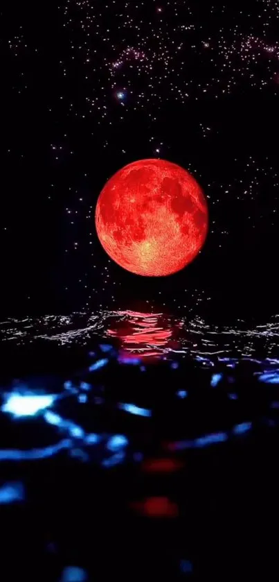 Red moon reflecting over ocean under starry sky.