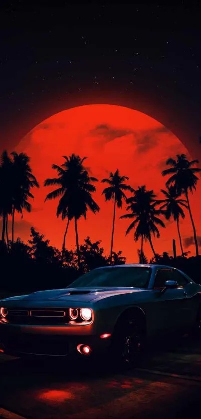 Car under red moon with palm trees at night.