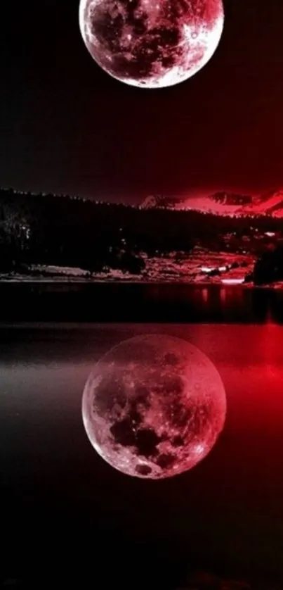 Stunning reflection of a red moon over a serene lake with mountains.