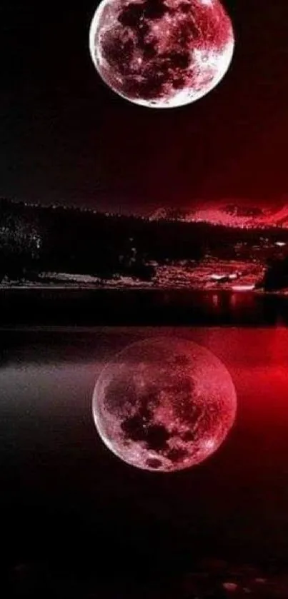 Red moon reflecting over a calm lake landscape.